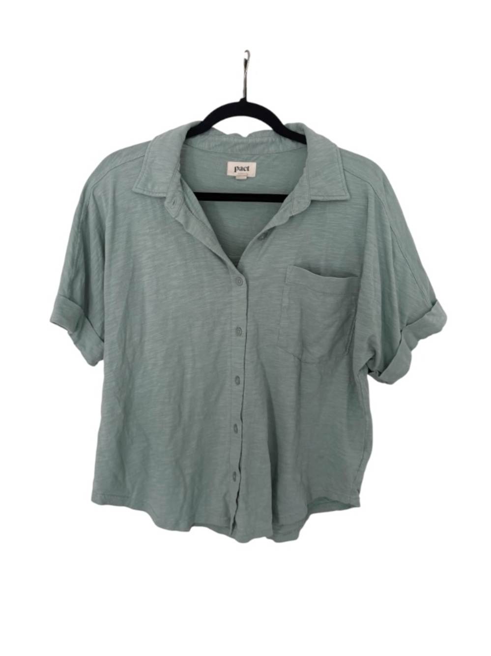 Pact Short Sleeve Button Down Shirt Organic Cotton Blue Boxy Coastal Medium